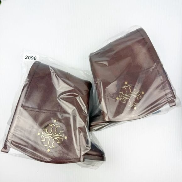 Tory Burch Kiernan leather Riding Boots gold logo size 7 - Picture 9 of 11